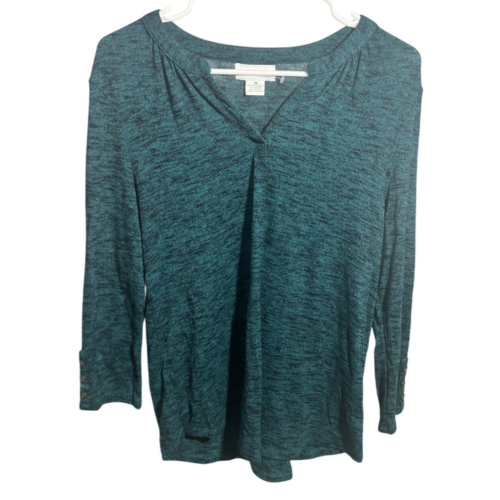 Liz Claiborne Women's Teal Marl Knit Top Size M 3/4 Sleeve Button Cuff V-Neck
